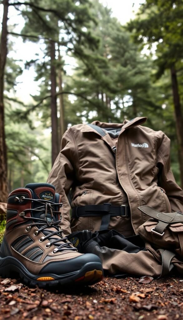 A meticulously curated collection of essential hiking attire, thoughtfully arranged against a serene natural backdrop. In the foreground, a pair of sturdy, well-worn hiking boots, their tread worn from the trails. Alongside, a lightweight, breathable hiking jacket in a muted earth tone, its fabric rippling with subtle textures. In the middle ground, a sturdy yet comfortable backpack, its straps and buckles gleaming in the soft, diffused lighting. In the background, a lush, verdant forest, its canopy of towering trees casting gentle shadows, creating a peaceful, tranquil atmosphere. The overall scene exudes a sense of preparedness, adventure, and a deep connection with the great outdoors.