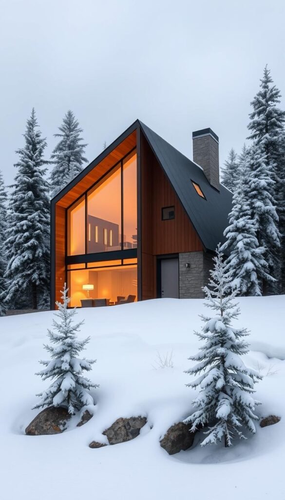 A modern, minimalist cabin nestled in a snowy winter landscape. The building's sleek, angular design features large windows that offer panoramic views of the serene, snow-covered surroundings. Warm, muted tones of wood and stone create a cozy, inviting atmosphere, while clean lines and minimalist decor evoke a sense of tranquility. Soft, diffused lighting emanates from within, casting a gentle glow against the stark, white backdrop. The cabin sits atop a small hill, surrounded by towering evergreen trees that are dusted with a fresh layer of pristine snow. A sense of peaceful solitude pervades the scene, inviting the viewer to step inside and experience the quiet beauty of a winter cabin retreat.