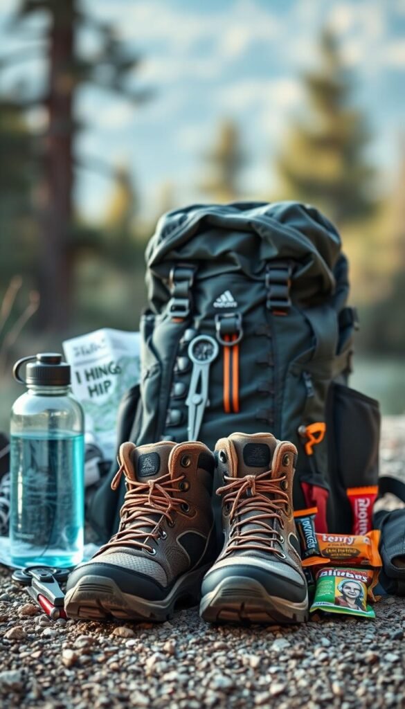 A neatly arranged assortment of hiking gear essentials against a serene, natural backdrop. In the foreground, a sturdy backpack, hiking boots, and a water bottle stand ready. The middle ground showcases a compass, a multi-tool, and a weatherproof jacket, while a hiking map and energy bars occupy the background. Soft, natural lighting illuminates the scene, conveying a sense of preparedness and adventure. The composition emphasizes the importance of these essential items for a safe and enjoyable day hike.