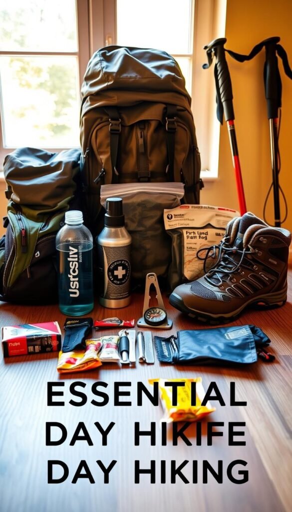 A neatly arranged display of essential day hiking gear on a wooden surface, illuminated by warm, natural light filtering through a window. In the foreground, a backpack, water bottle, first-aid kit, and pair of sturdy hiking boots. In the middle ground, a compass, multi-tool, and energy bars. In the background, trekking poles, a lightweight rain jacket, and a map. The overall mood is one of preparedness and adventure, conveying the importance of thoughtful packing for a safe and enjoyable day hike.