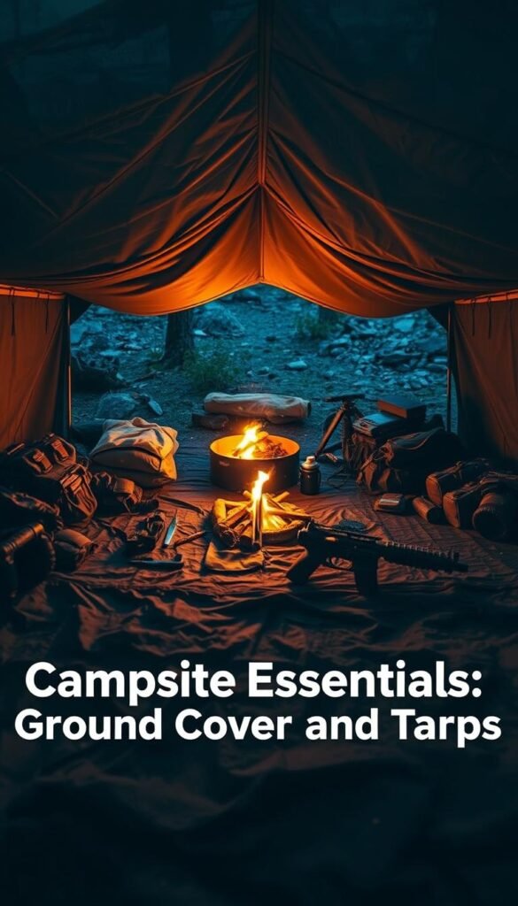 A neatly organized campsite with a sturdy tarp overhead, casting a warm, inviting glow. In the foreground, a durable ground cover protects against moisture and uneven terrain, while tactical gear and camping essentials are artfully arranged. The middle ground showcases a mix of natural and man-made materials, blending seamlessly to create a cozy, well-equipped outdoor haven. Ambient lighting from a nearby campfire illuminates the scene, casting a soft, golden hue that enhances the rugged yet comfortable atmosphere. The overall composition exudes a sense of preparedness and adventure, perfectly capturing the essence of "Campsite Essentials: Ground Cover and Tarps".