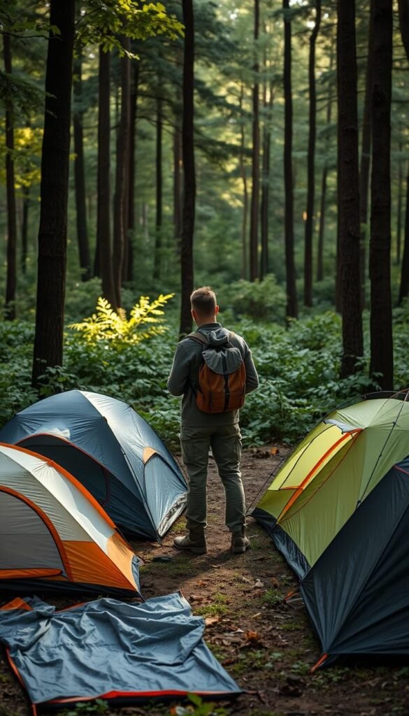 A person standing in a forest, contemplating different camping tents laid out before them. The tents are of various sizes, shapes, and colors, each with unique features. The person is dressed in outdoor apparel, carefully examining the tents, weighing the pros and cons of each. The scene is illuminated by soft, natural light filtering through the trees, creating a serene and contemplative atmosphere. The background is filled with lush greenery, conveying the tranquility of the outdoor setting. The image captures the thoughtful process of selecting the perfect tent for a camping trip, showcasing the importance of making an informed decision.
