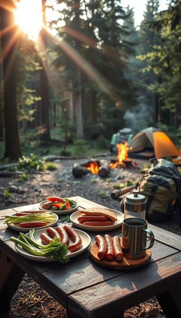 A picturesque campsite nestled in a lush forest, with a rustic wooden table set for a delightful camping lunch. Freshly grilled sausages, crisp vegetables, and a hearty sandwich on the table, accompanied by a thermos of steaming coffee. Warm sunlight filters through the canopy, casting a gentle glow on the scene. In the background, a campfire crackles, and hiking backpacks are neatly arranged nearby. The overall atmosphere exudes a sense of outdoor adventure and simple, wholesome enjoyment.