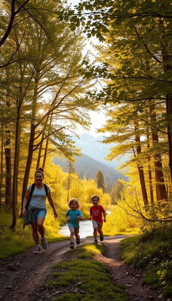 A picturesque outdoor scene with a family of four - parents and two young children - hiking along a winding trail through a lush, verdant forest. The warm, golden sunlight filters through the canopy of trees, casting a tranquil, serene atmosphere. In the foreground, the family members stride confidently, their faces filled with a sense of adventure and discovery. The middle ground reveals a meandering stream, its gentle babbling adding to the calming ambiance. In the background, majestic mountains rise up, their snow-capped peaks touching the azure sky. The overall composition conveys the joy, connection, and rejuvenation that families can experience through the simple act of hiking in nature.