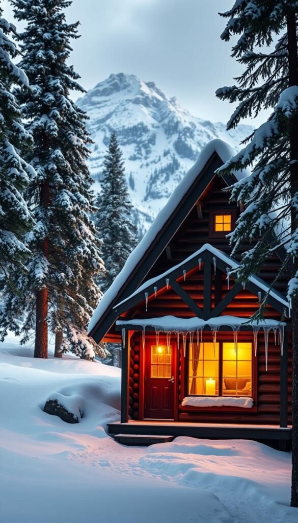 A quaint A-frame cabin nestled in a snowy winter wonderland, its wooden exterior and steep pitched roof contrasting against the pristine white landscape. Warm candlelight glows from the cabin's windows, inviting guests to step inside and enjoy the cozy, rustic interior. Icicles hang from the eaves, casting delicate shadows on the freshly fallen snow. Towering pine trees surround the cabin, their branches heavy with snow, creating a serene, storybook scene. The cabin is framed by a crystal-clear lake, its still waters reflecting the mountainous backdrop. Diffused natural light filters through the windows, casting a soft, ambient glow throughout the composition. The overall mood is one of peaceful solitude and enchanting winter magic.