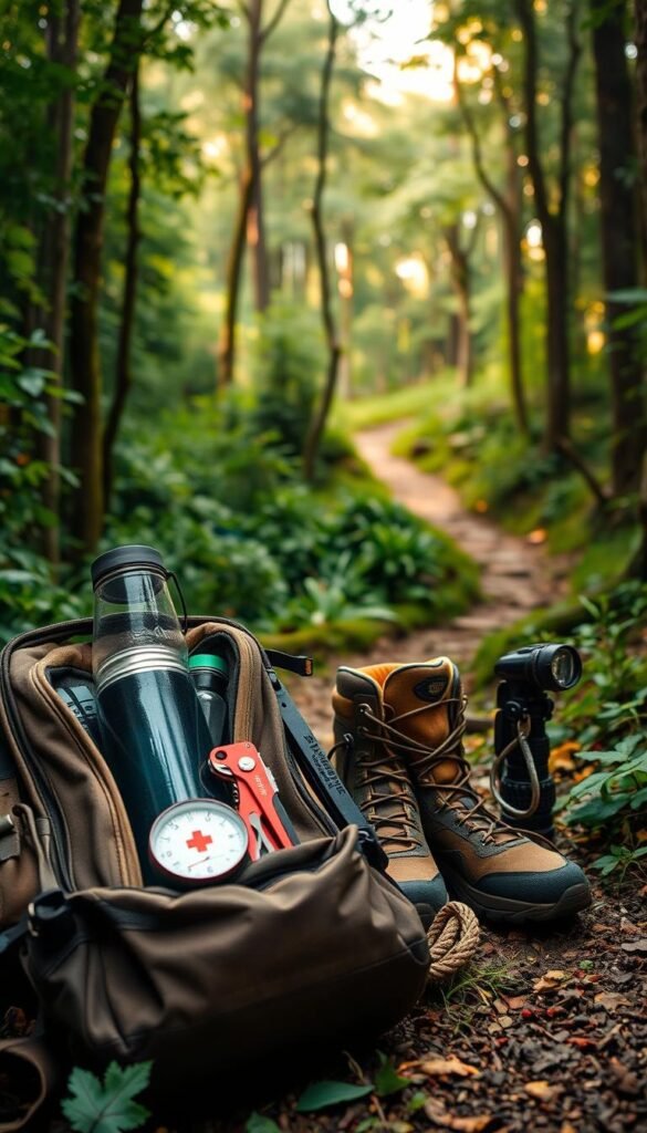 A rugged backpack sits in the foreground, filled with essential day hiking gear - a sturdy water bottle, a compass, a first-aid kit, and a high-quality multi-tool. In the middle ground, hiking boots with thick treads stand ready, surrounded by a coiled rope, a headlamp, and a lightweight rain jacket. The background features a lush, verdant forest trail winding through the undergrowth, with warm, natural lighting filtering through the canopy above, creating a sense of adventure and exploration.