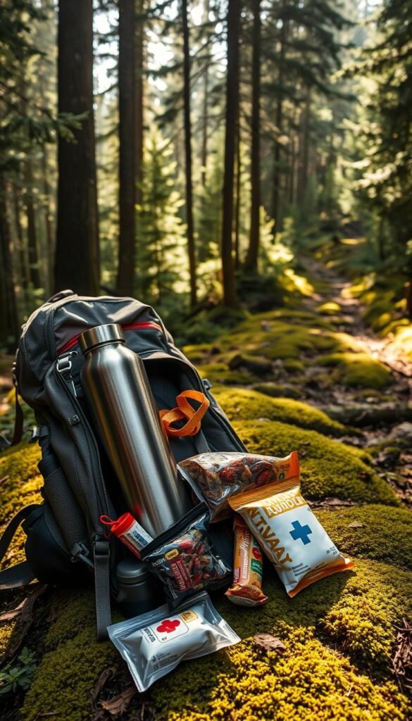 A rugged hiking backpack rests on a mossy forest floor, its contents spilling out to reveal a variety of hydration and nutrition essentials for the trail: a stainless steel water bottle, energy bars, dried fruit, and a first-aid kit. Sunlight filters through the canopy of tall evergreens, casting a warm, natural glow on the scene. In the background, a winding path leads deeper into the lush, verdant wilderness, inviting the hiker to venture forth on their journey. The overall composition evokes a sense of preparedness, adventure, and a deep connection with the great outdoors.