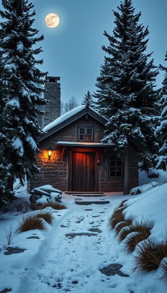 A rugged stone cabin nestled amidst a snowy landscape, its weathered walls and thick timber beams standing as a testament to the passage of time. The structure's silhouette is illuminated by the warm glow of lanterns, casting a cozy ambiance against the crisp, moonlit winter sky. Tall pine trees border the scene, their branches heavy with fresh snowfall. In the foreground, a well-worn path leads to the cabin's sturdy wooden door, inviting the viewer to step inside and discover the historical charm that lies within.