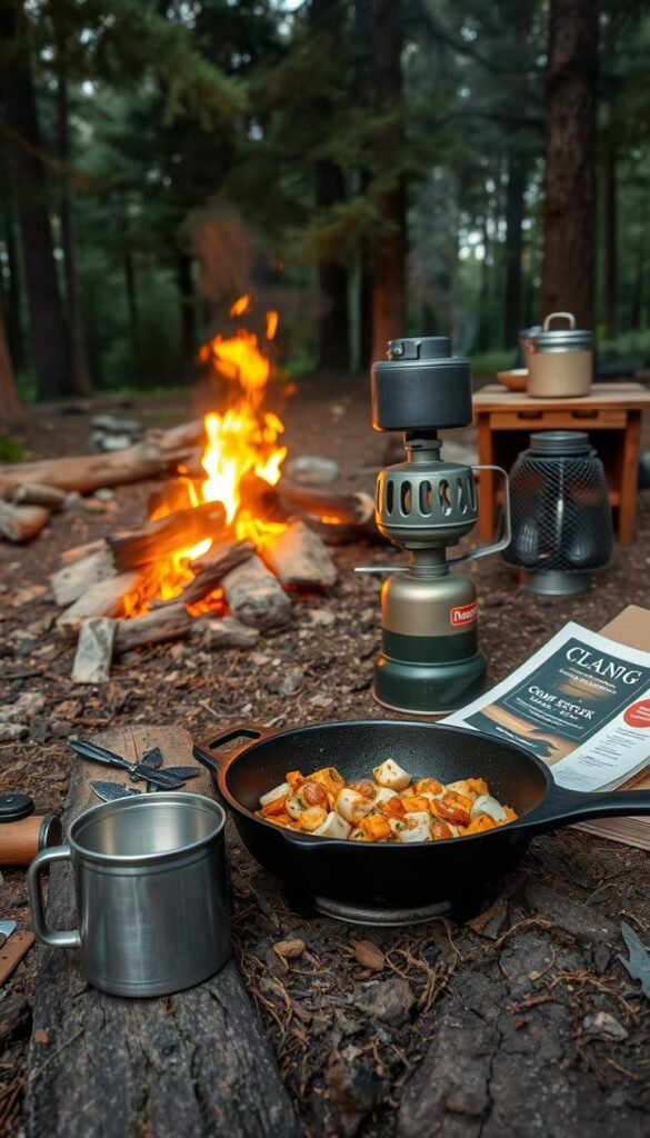 A rustic campsite under a canopy of pine trees, the warm glow of a crackling fire illuminating an array of essential cooking gear. In the foreground, a cast-iron skillet sizzles with ingredients, surrounded by a tin mug, a sturdy pocket knife, and a well-worn camp cookbook. In the middle ground, a portable camp stove stands ready, its fuel canister nestled nearby. The background features a weathered wooden table, a mesh food storage container, and a set of durable camping utensils. The scene exudes the cozy, outdoor atmosphere of a peaceful wilderness retreat, capturing the spirit of simple, satisfying meals prepared under the stars.