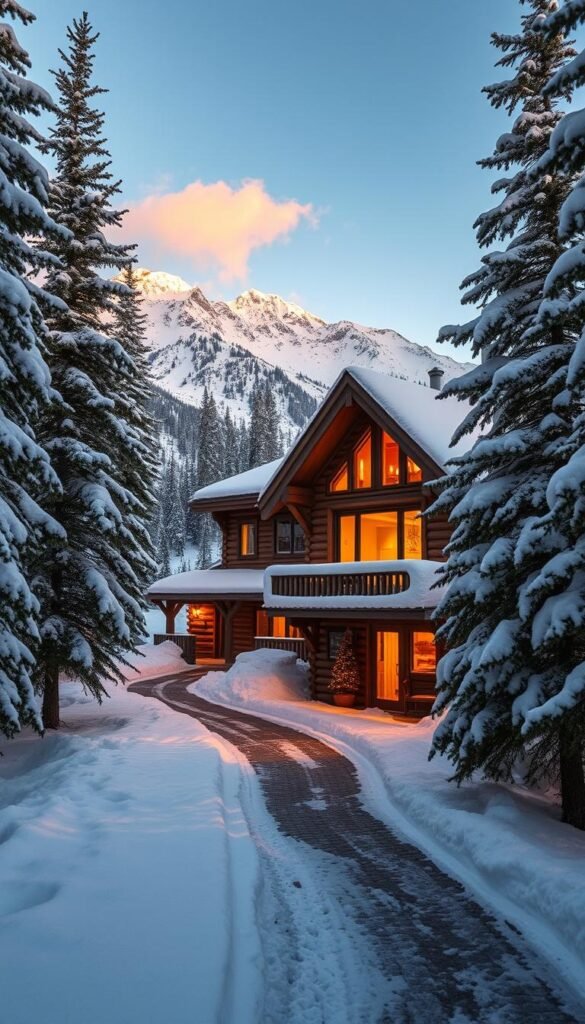 A rustic mountain lodge nestled amidst snow-capped peaks, its wooden facade weathered by the elements. Warm light spills from cozy windows, inviting weary travelers to step inside and enjoy the crackling fireplace and plush furnishings. The lodge is framed by towering pines, their branches laden with fresh snow. In the foreground, a path winds through a winter wonderland, leading to the inviting entrance. The scene is bathed in the soft glow of a setting sun, casting long shadows across the pristine landscape. A sense of tranquility and seclusion pervades the image, promising a peaceful escape from the chaos of the outside world.