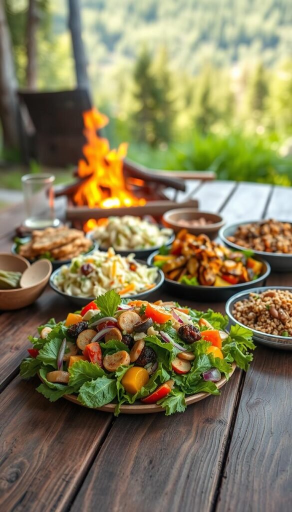 A rustic wood table set with a variety of fresh, vibrant camping salads and sides. In the foreground, a crisp green salad with colorful vegetables, accompanied by a creamy coleslaw, roasted root vegetables, and a hearty quinoa and bean dish. Soft natural lighting casts a warm glow, highlighting the textures and colors of the homemade fare. In the background, a glimpse of a crackling campfire and the lush, verdant wilderness beyond, creating a cozy, outdoor ambiance. The scene evokes the spirit of simple, nourishing meals shared in the great outdoors.