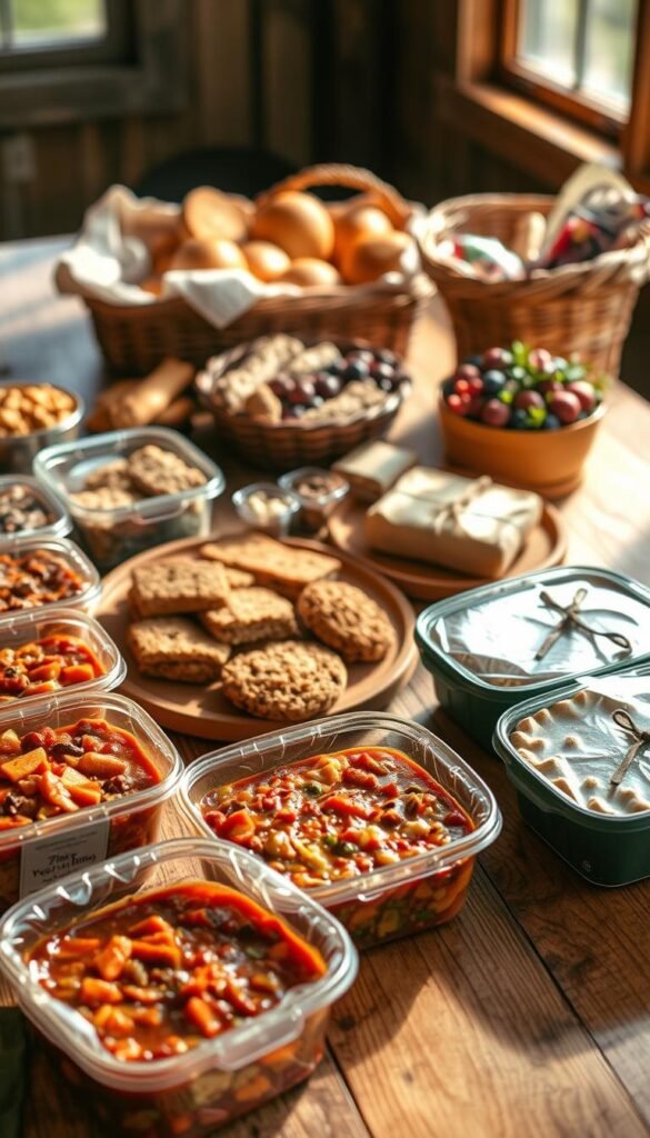 A rustic wooden table, sunlight streaming through the window, showcases an array of delectable make-ahead camping meals. In the foreground, hearty stews and casseroles are neatly packed in reusable containers, their aromas wafting through the air. The middle ground features a platter of freshly baked breads, rolls, and granola bars, ready to be enjoyed around the campfire. In the background, a collection of dried fruits, nuts, and energy bars sit in woven baskets, hinting at the nutritious snacks that will fuel the family's outdoor adventures. The overall scene exudes a sense of cozy, campfire-inspired warmth, inviting the viewer to imagine the fulfilling and hassle-free meals that await the weekend wilderness explorers.