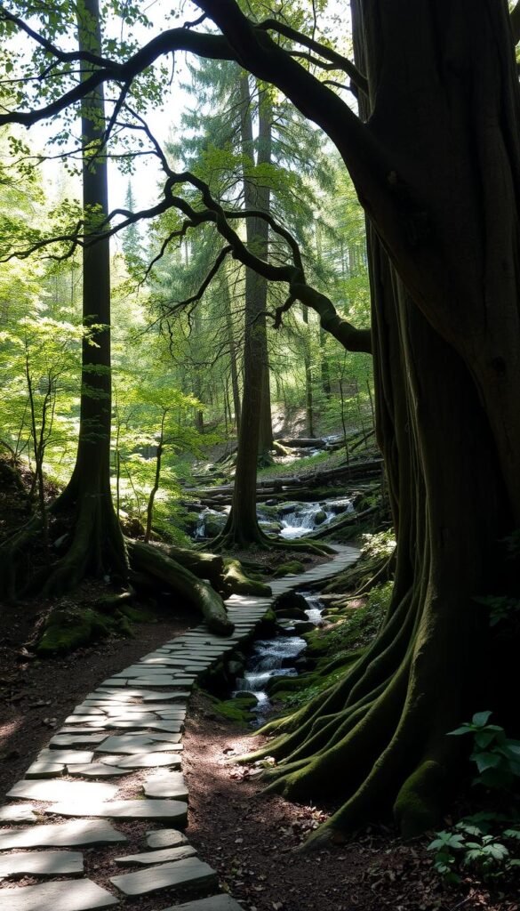 A secluded forest clearing, dappled with soft sunlight filtering through the lush canopy above. In the foreground, a weathered stone path winds invitingly, leading to a hidden alcove where a tranquil stream gently babbles over moss-covered rocks. The air is crisp and pure, carrying the earthy scent of damp foliage. Towering ancient trees frame the scene, their twisted roots and gnarly trunks exuding an aura of timeless solitude. A lone bird's call echoes, adding to the serene symphony of nature. This is a haven for the weary soul, a true hidden gem for those seeking refuge from the outside world.