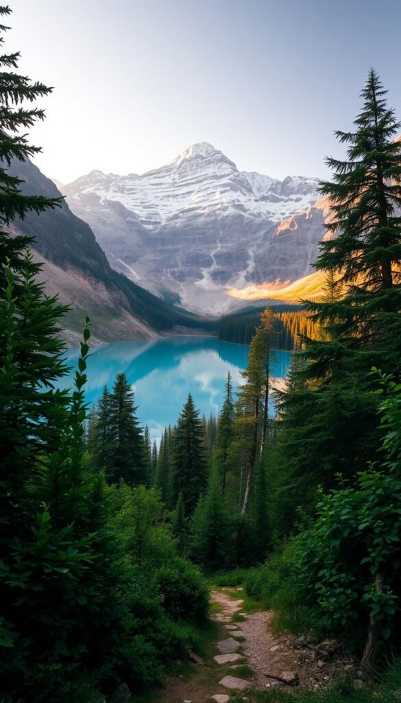 A secluded mountain vista, bathed in warm, golden afternoon light. In the foreground, a hidden path winds through lush, verdant foliage, inviting the viewer to explore. Towering, snow-capped peaks rise in the distance, their majestic silhouettes reflected in a crystal-clear alpine lake. A sense of tranquility and solitude permeates the scene, as if time has slowed to a peaceful crawl. The overall mood is one of serene isolation, a refuge from the bustling world beyond. A wide-angle lens captures the expansive, cinematic grandeur of this hidden gem, a place where the stresses of everyday life fade away, leaving only the beauty of nature in its purest form.