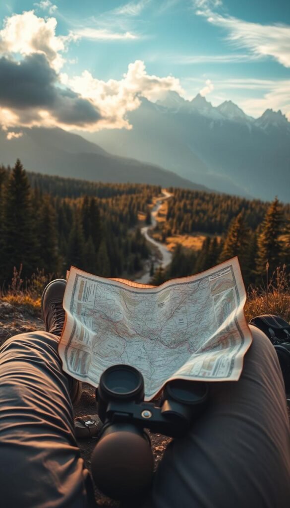 A serene landscape comes into focus, bathed in warm, golden light filtering through wispy clouds. In the foreground, a traveler sits cross-legged, pouring over a well-worn map, planning their next adventure. Hiking boots, a backpack, and a pair of binoculars hint at the explorer's spirit. The middle ground reveals a winding trail leading into a lush, verdant forest, beckoning the viewer to venture forth. In the distance, towering mountains rise majestically, their rugged peaks dusted with a hint of snow. The overall mood is one of tranquility and anticipation, inviting the viewer to join in the solitary journey of discovering untouched natural wonders.