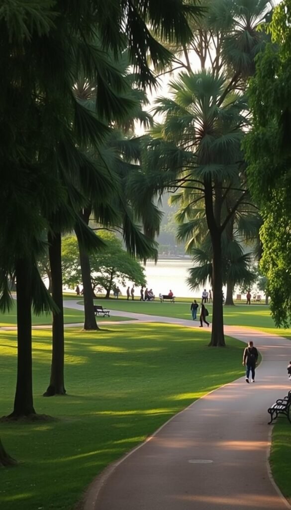 A serene, uncrowded park nestled in a lush, verdant landscape. Tall, swaying trees cast gentle shadows across a winding path, inviting visitors to meander at a leisurely pace. In the distance, a tranquil lake reflects the golden hues of the setting sun, its surface unbroken by crowds. A few solitary figures stroll or sit on benches, lost in contemplation, savoring the peaceful solitude. The atmosphere is one of quiet tranquility, a sanctuary from the bustle of daily life. Soft, diffused lighting bathes the scene, creating a sense of warmth and timelessness. This is a place to disconnect, to find respite and rediscover the simple joys of being in nature, unburdened by the demands of the outside world.
