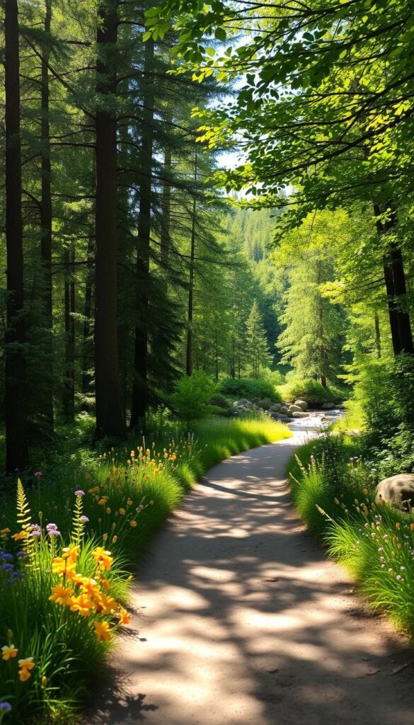 A sun-dappled family-friendly trail winds through a lush, verdant forest. The path is lined with towering evergreens and vibrant wildflowers, inviting young adventurers to explore. Dappled sunlight filters through the canopy, casting a warm, golden glow over the scene. In the distance, a babbling brook gurgles over smooth rocks, its soothing sounds mingling with the chirps of birds. The trail is wide and well-maintained, suitable for little legs and strollers. An air of tranquility and wonder pervades the landscape, making it the perfect setting for a scenic hike with young explorers.