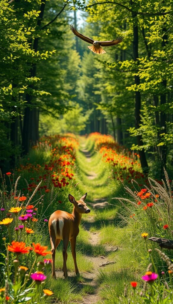 A sun-dappled forest trail, lined with lush wildflowers in bloom - vibrant reds, golds, and purples. In the foreground, a curious deer pauses, its head tilted, alert and watchful. Overhead, a hawk soars on the gentle breeze, casting a shadow that flickers across the ground. The air is filled with the buzz of pollinating insects and the melodic calls of songbirds. The scene is bathed in a warm, golden light, creating a sense of peaceful tranquility. A wide-angle lens captures the depth and grandeur of this verdant, wildlife-rich landscape.