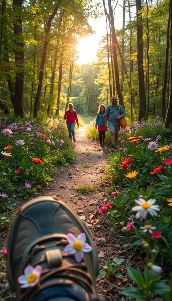 A tranquil forest trail winds through a vibrant tapestry of wildflowers in bloom. Delicate petals of vibrant hues - lilac, buttercup, and crimson - sway gently in the soft breeze. Dappled sunlight filters through the lush canopy, casting a warm, golden glow across the scene. In the foreground, a well-worn hiking boot steps carefully, mindful of the fragile flora. The middle ground showcases hikers pausing to admire the natural splendor, their faces alight with wonder. In the distance, the trail disappears into the verdant depths of the forest, beckoning further exploration. The overall mood is one of serene exploration, where nature's beauty is celebrated with reverence and care.
