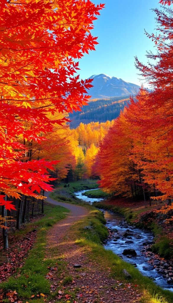 A vibrant autumnal landscape in Stowe, Vermont. In the foreground, a winding forest trail is lined with vibrant maples, their leaves ablaze in shades of crimson, amber, and gold. The middle ground features a babbling brook, its waters reflecting the brilliant hues of the surrounding foliage. In the background, the iconic Mount Mansfield rises majestically, its peaks dusted with a light covering of early snow. The scene is bathed in the warm, golden light of a late afternoon sun, casting long shadows and creating a cozy, inviting atmosphere. The overall mood is one of serene tranquility, perfectly capturing the essence of autumn in this picturesque New England town.