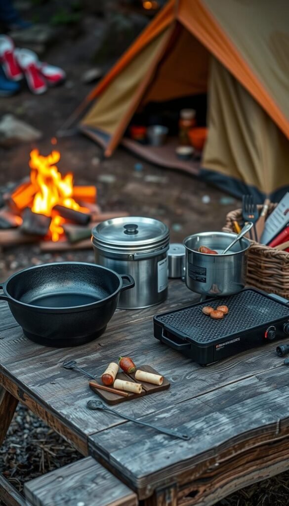 A well-equipped outdoor cooking setup on a rugged wooden table, illuminated by a warm campfire glow. In the foreground, a durable cast-iron skillet, a stainless steel camping pot, and a compact gas stove with a mesh grate. Beside them, a sturdy folding table and a wicker basket filled with cooking utensils, spices, and other camp kitchen essentials. In the background, a glimpse of a tent and hiking gear, hinting at the adventurous spirit of the scene. The overall mood is one of functional simplicity and outdoor adventure, capturing the essence of cooking while camping.