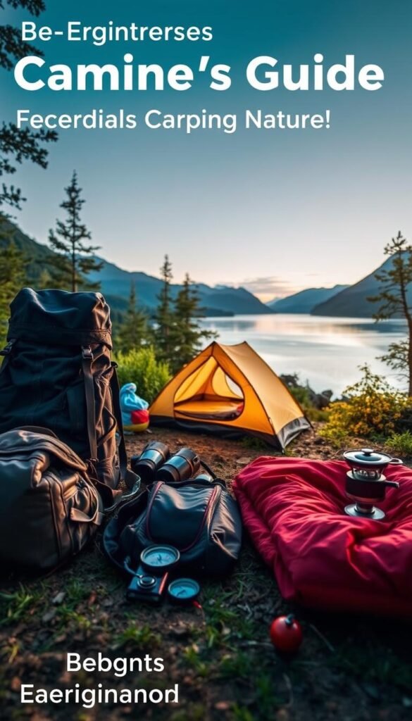 A well-organized campsite with essential gear neatly arranged in the foreground, including a sturdy backpack, sleeping bag, compass, and camping stove. In the middle ground, a cozy tent nestled among lush vegetation, with a tranquil lake and mountains in the distance. Soft, warm lighting illuminates the scene, creating a peaceful, adventurous atmosphere. The image should convey a sense of preparedness and the joy of being immersed in nature, perfect for a beginner's guide to choosing the right camping equipment.