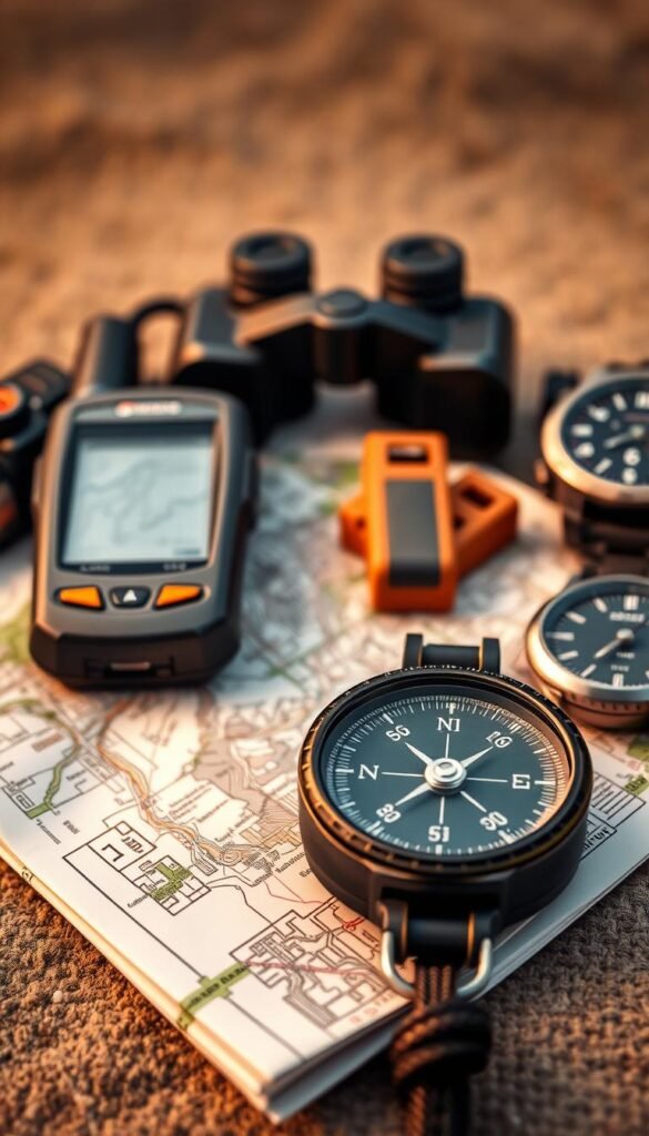 A well-organized collection of essential navigation tools for a safe and successful day hike. In the foreground, a high-quality compass with clear markings and a rotating bezel sits atop a folded topographic map. In the middle ground, a durable handheld GPS device displays detailed trail information, alongside a sturdy pair of hiking binoculars. In the background, a rugged survival whistle and an altimeter watch with an altimeter and barometer complete the set. The tools are arranged against a muted, natural backdrop, conveying a sense of adventure and preparedness. Warm, diffused lighting casts a gentle glow, capturing the practical yet adventurous spirit of the hiking essentials.