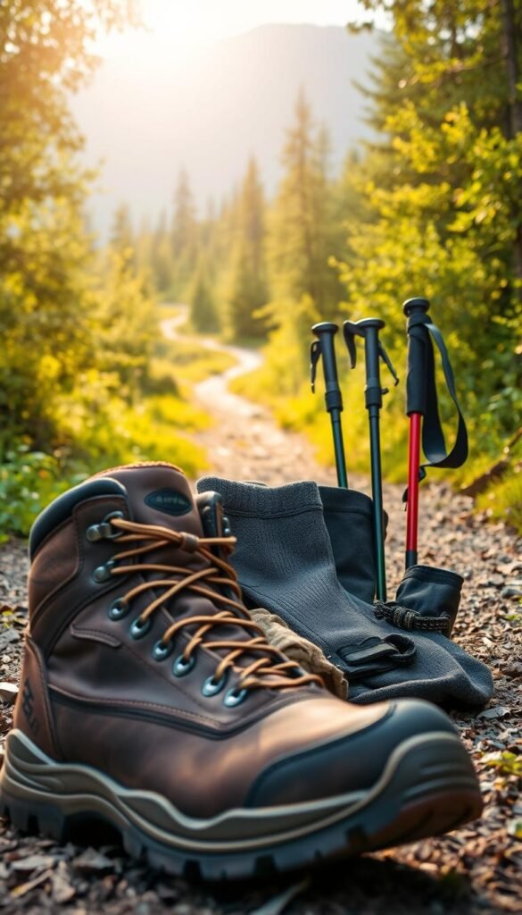 A well-worn hiking boot sits prominently in the foreground, its sturdy sole and rugged leather construction conveying a sense of durability and reliability. In the middle ground, an assortment of essential hiking footwear accessories are artfully arranged, including thick wool socks, a pair of trekking poles, and a hiking gaiters. The background features a serene, sunlit trail winding through a lush, verdant forest, hinting at the adventurous journey ahead. The overall scene is captured with a warm, natural lighting, creating a sense of adventure and exploration.