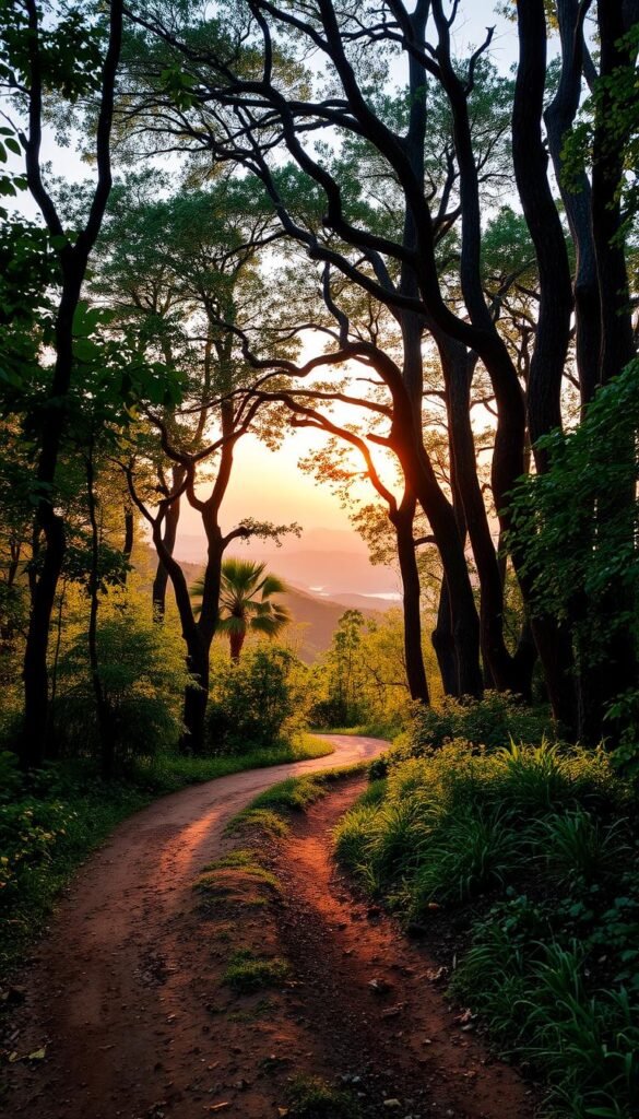 A winding dirt path snakes through a dense, verdant forest, the canopy of lush foliage casting a warm, diffused light. In the distance, the path opens up to reveal a breathtaking vista of rolling hills and distant mountains, bathed in the golden glow of the setting sun. Tall, weathered trees line the trail, their twisted branches reaching skyward, creating a sense of solitude and quiet contemplation. The atmosphere is serene and tranquil, inviting the viewer to step off the beaten path and immerse themselves in the beauty of the untamed wilderness.