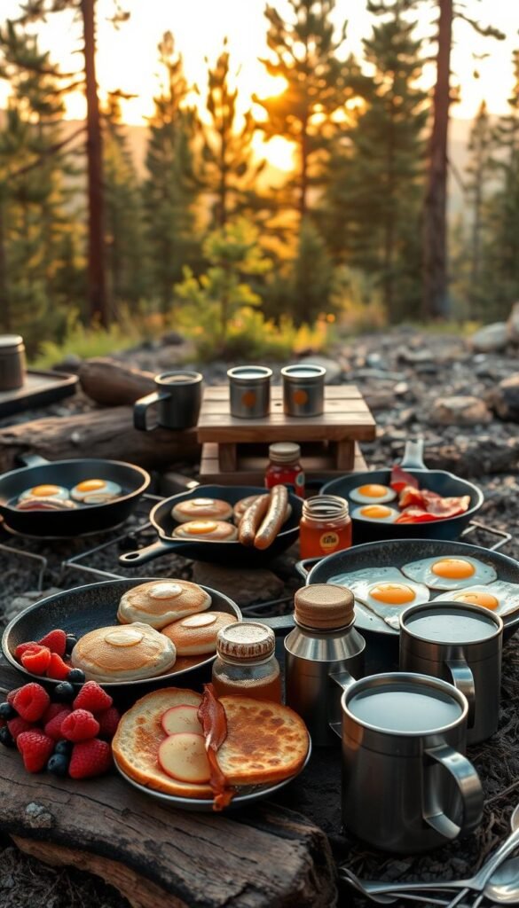 Camping Breakfast Ideas: A rustic campfire setting with cast iron skillets sizzling with hearty breakfast fare - fluffy pancakes, savory sausages, crisp bacon, and perfectly cooked eggs. In the foreground, fresh berries, sliced fruit, and jars of honey and maple syrup add pops of color. The middle ground features a small camping table with tin mugs of steaming coffee and hot cocoa. In the background, tall pine trees sway gently, and the first rays of dawn peek through, casting a warm, golden glow over the scene. The composition is balanced, with a sense of natural harmony, inviting the viewer to imagine the smell of the campfire and the crunch of toast.