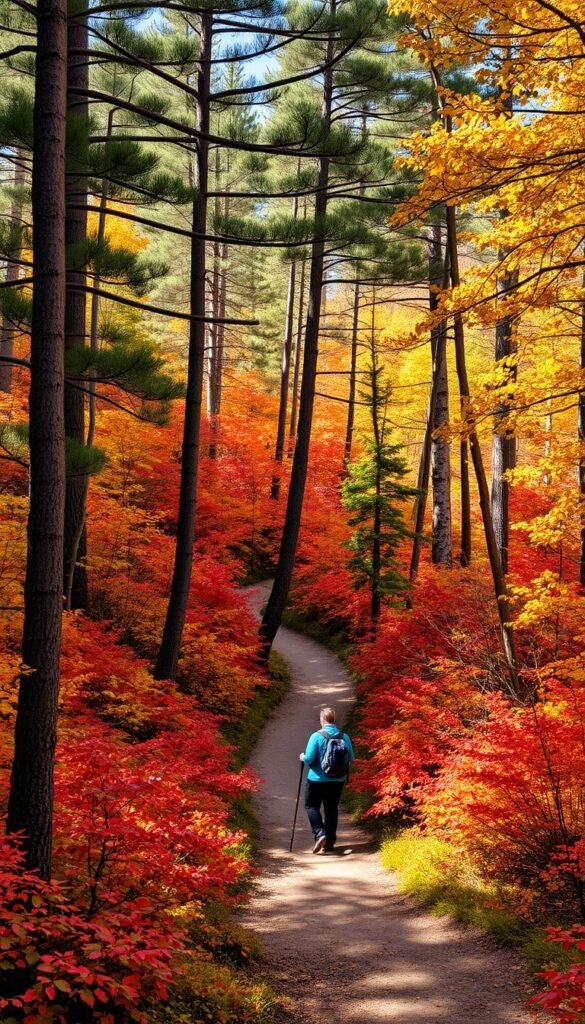 Lush, autumnal foliage along the winding Ice Age National Scenic Trail in Wisconsin. A mosaic of vibrant reds, oranges, and golds cascade down the rolling hills, framed by towering pines and birches. Dappled sunlight filters through the canopy, casting a warm, golden glow across the path. Hikers pause to admire the breathtaking vista, taking in the crisp, earthy scents of the season. The trail meanders through this quintessential Midwestern landscape, offering a peaceful respite from the bustle of daily life and a chance to immerse oneself in the beauty of nature during the peak of fall.