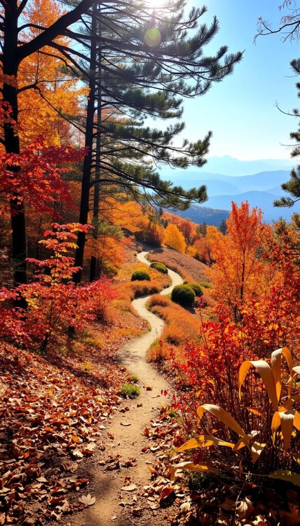 Lush autumnal forest with a winding hiking trail, sunlight filtering through vibrant red, orange, and yellow foliage. In the foreground, a narrow dirt path winds through a carpet of fallen leaves. Towering trees line the trail, their branches reaching overhead, casting dappled shadows on the ground. The middle ground features a gentle slope, dotted with clusters of bushes and shrubs in warm hues. In the background, distant mountains rise, their peaks obscured by a soft haze. The scene is bathed in a warm, golden light, evoking a sense of tranquility and the fleeting beauty of the fall season.