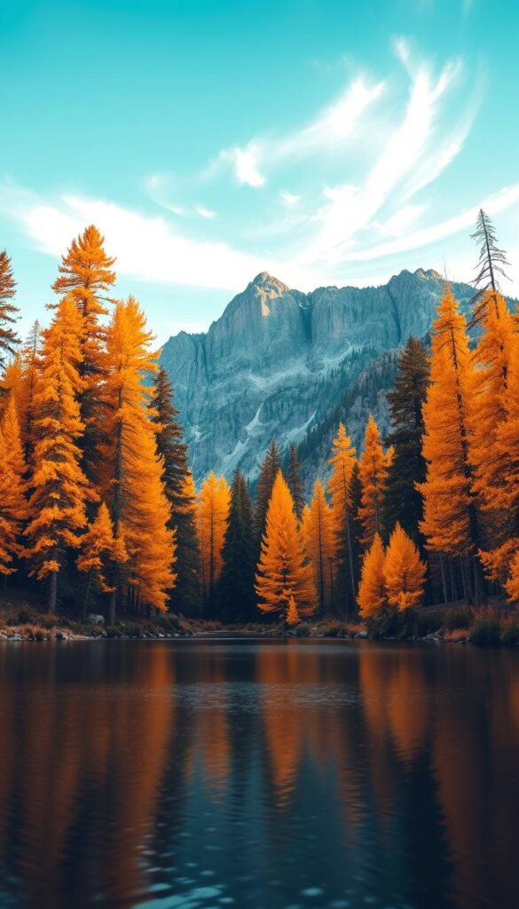 Majestic alpine larch trees with golden autumn foliage, standing tall against the rugged granite peaks of the Enchantment Lakes Basin. A wide-angle lens captures the serene lake in the foreground, its still waters reflecting the vibrant colors of the surrounding landscape. Soft, diffused natural lighting accentuates the warm, earthy tones, while wispy clouds drift across a clear blue sky, creating a sense of tranquility and wonder. The scene evokes the beauty and solitude of the Pacific Northwest's iconic Snow Lakes Trail, a premier autumn hiking destination.
